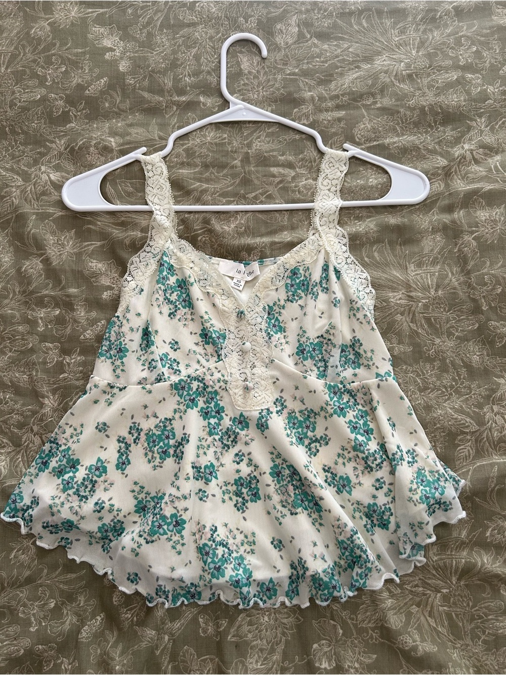 Floral Lace-Trim Cami Tank Top - Cream with Teal Floral